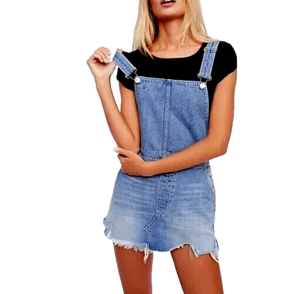 FREE PEOPLE Distressed Overall Denim Jean Dress w/ Frayed Hem Size 4